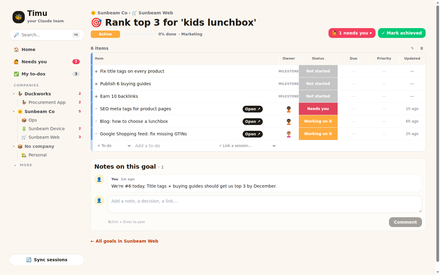 A goal page with its milestones, sessions and a Mark achieved button