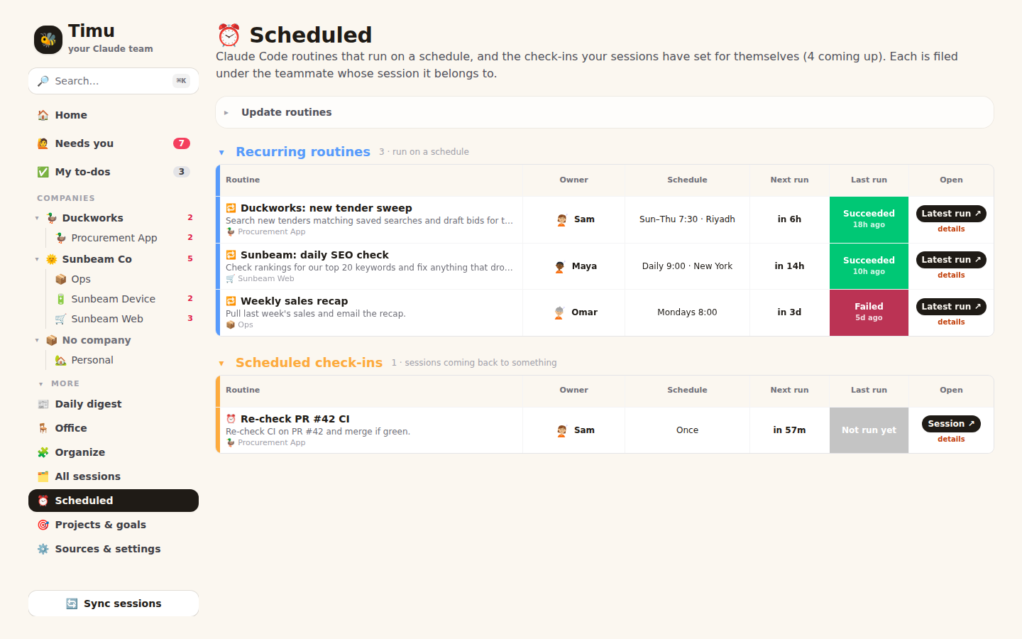 The Scheduled board of routines and check-ins