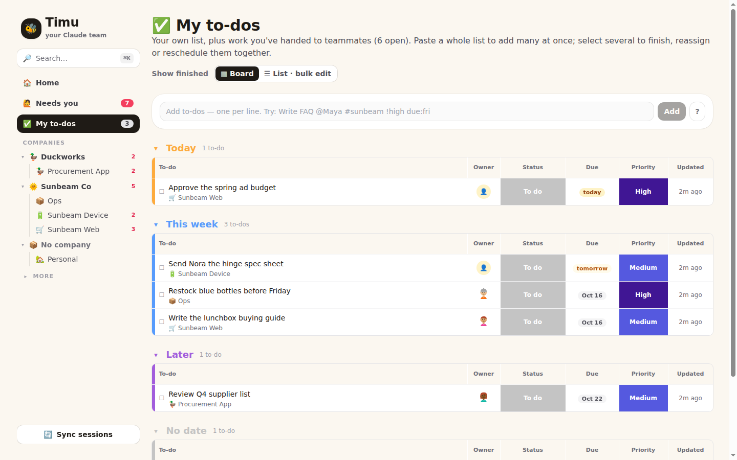 My to-dos grouped by when they're due